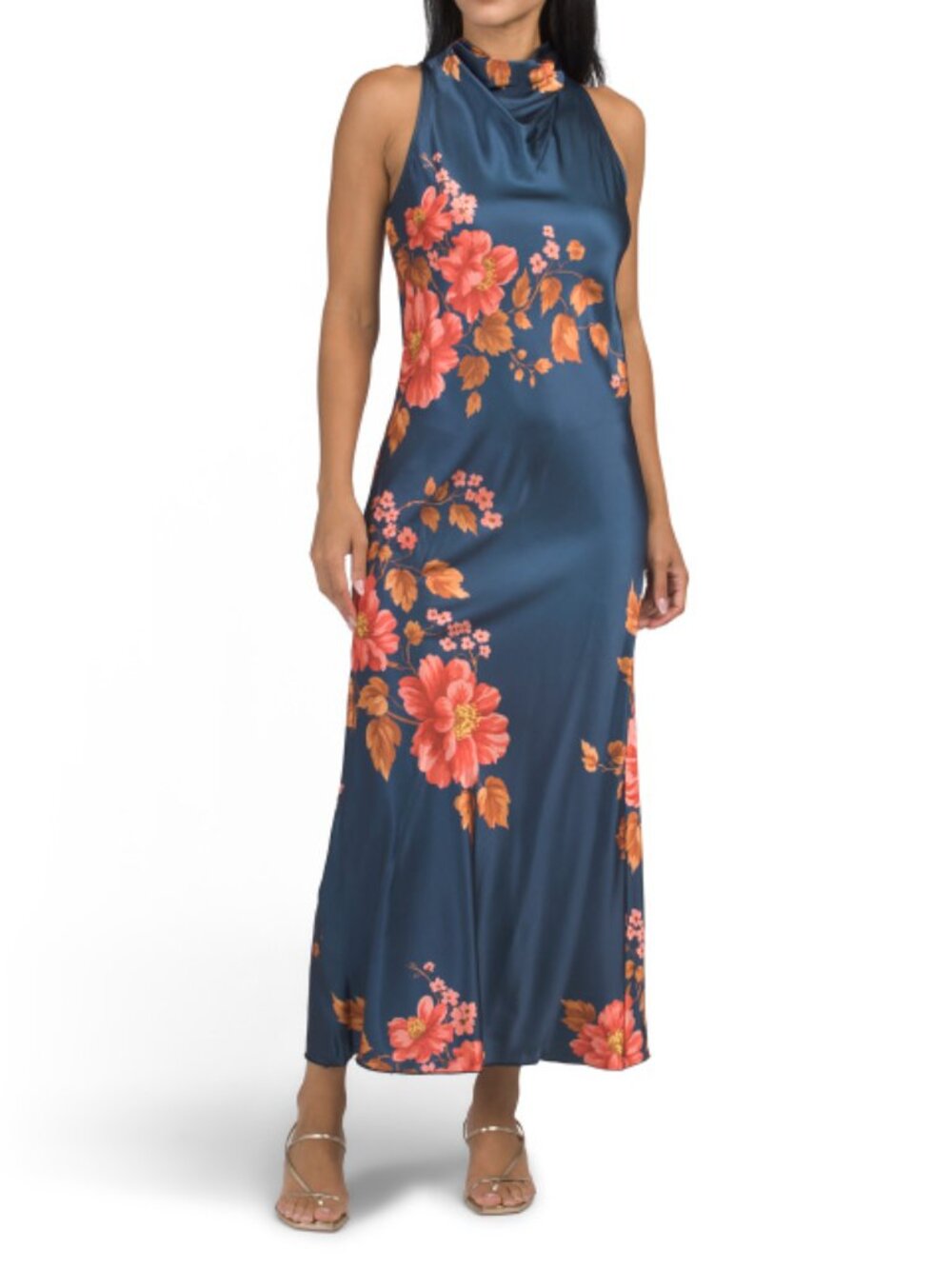 TASH & SOPHIE Made In Usa Sleeveless High Cowl Neck Maxi Dress With Placed Print